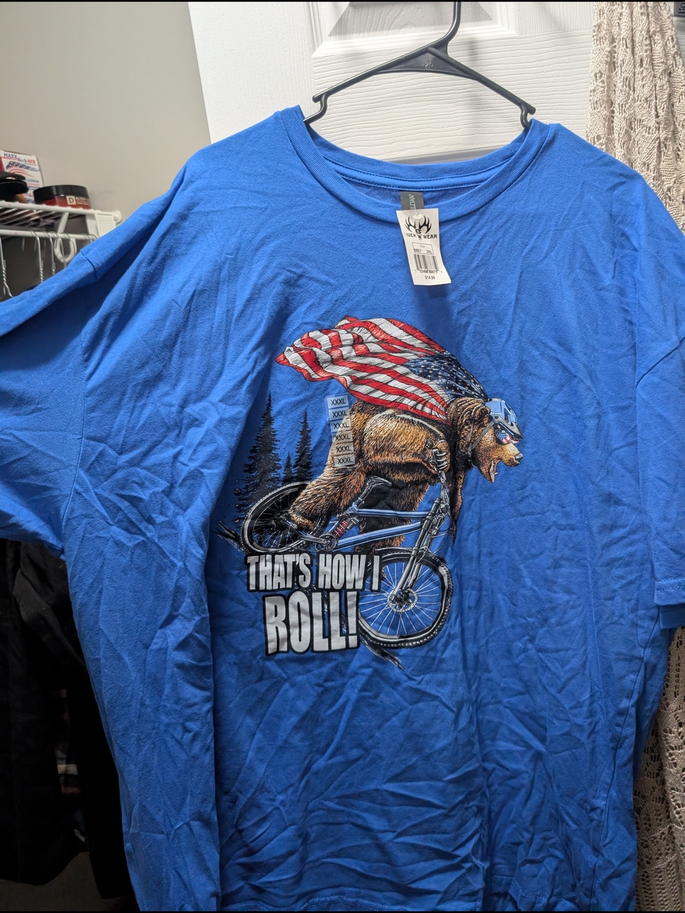 Gildan Royal Blue Graphic Tee with Bear on Bike